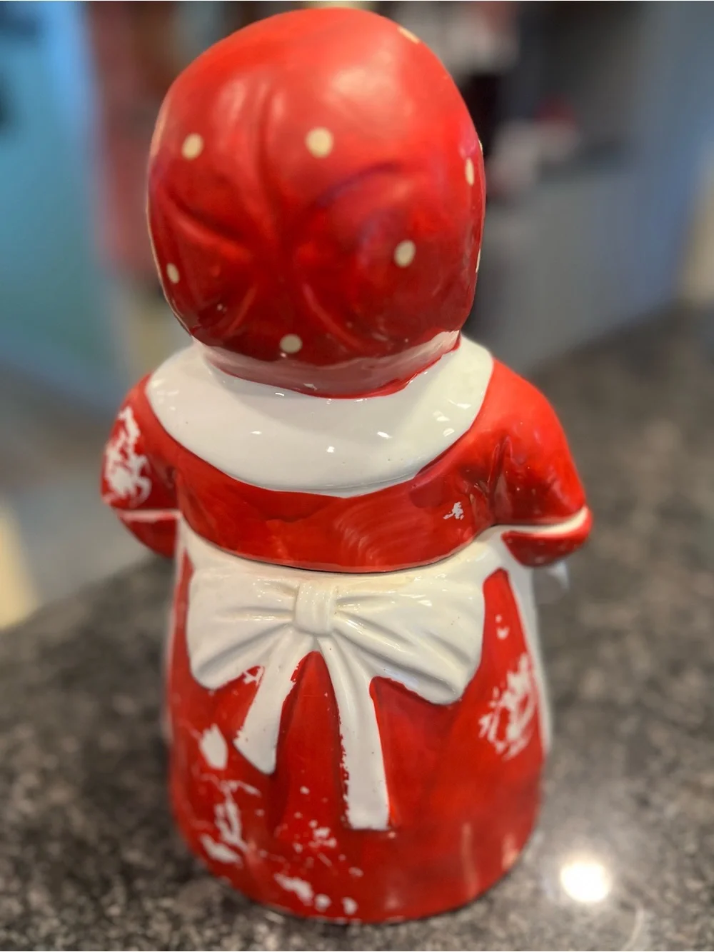 VERY RARE VINTAGE COOKIE JAR RED AND WHITE POLKA DOT APRON